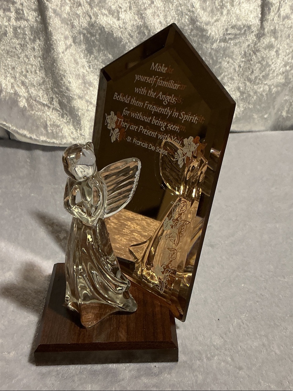 Angel Figurine on Wooden Base with Mirrored Inscription